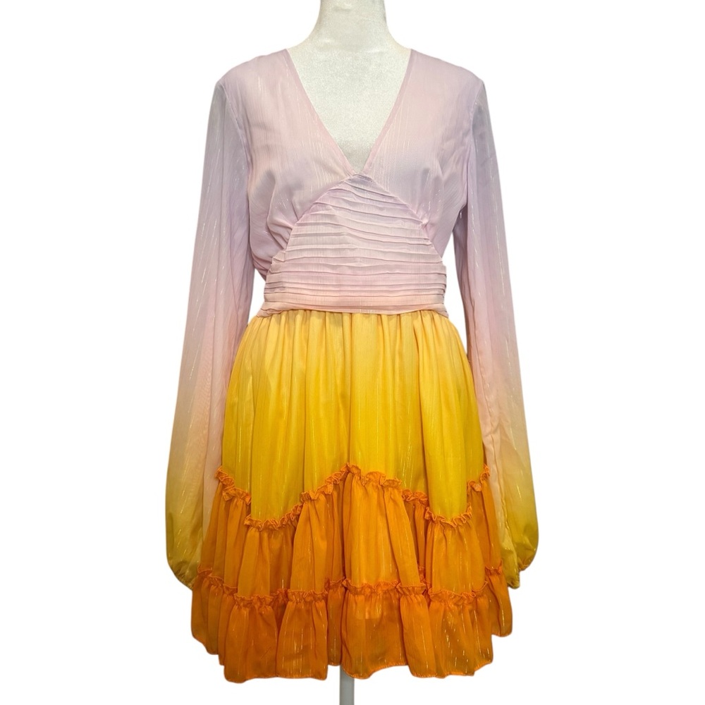 NWT Mini Dress Size L Pink Yellow Orange Ombre  Tiered V-neck